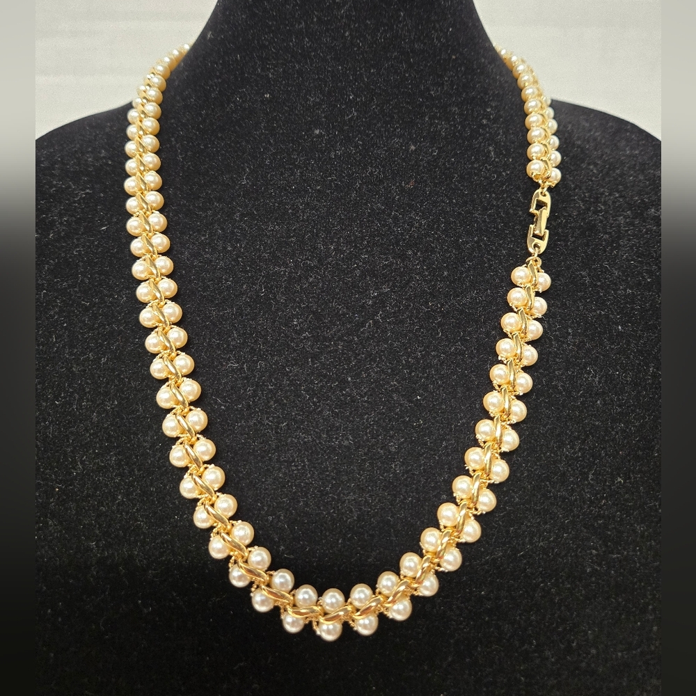 Vntg Napier Gold & Double Row Pearl Necklace w/Fold Over Clasp EUC 25" - Picture 1 of 6